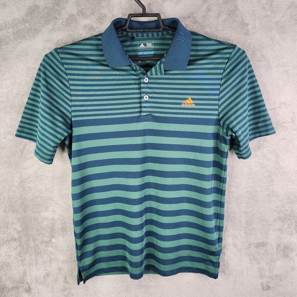 Mens Adidas ClimaCool Polo Shirt Green & Blue Stripe Short Sleeve Size S - Picture 2 of 11